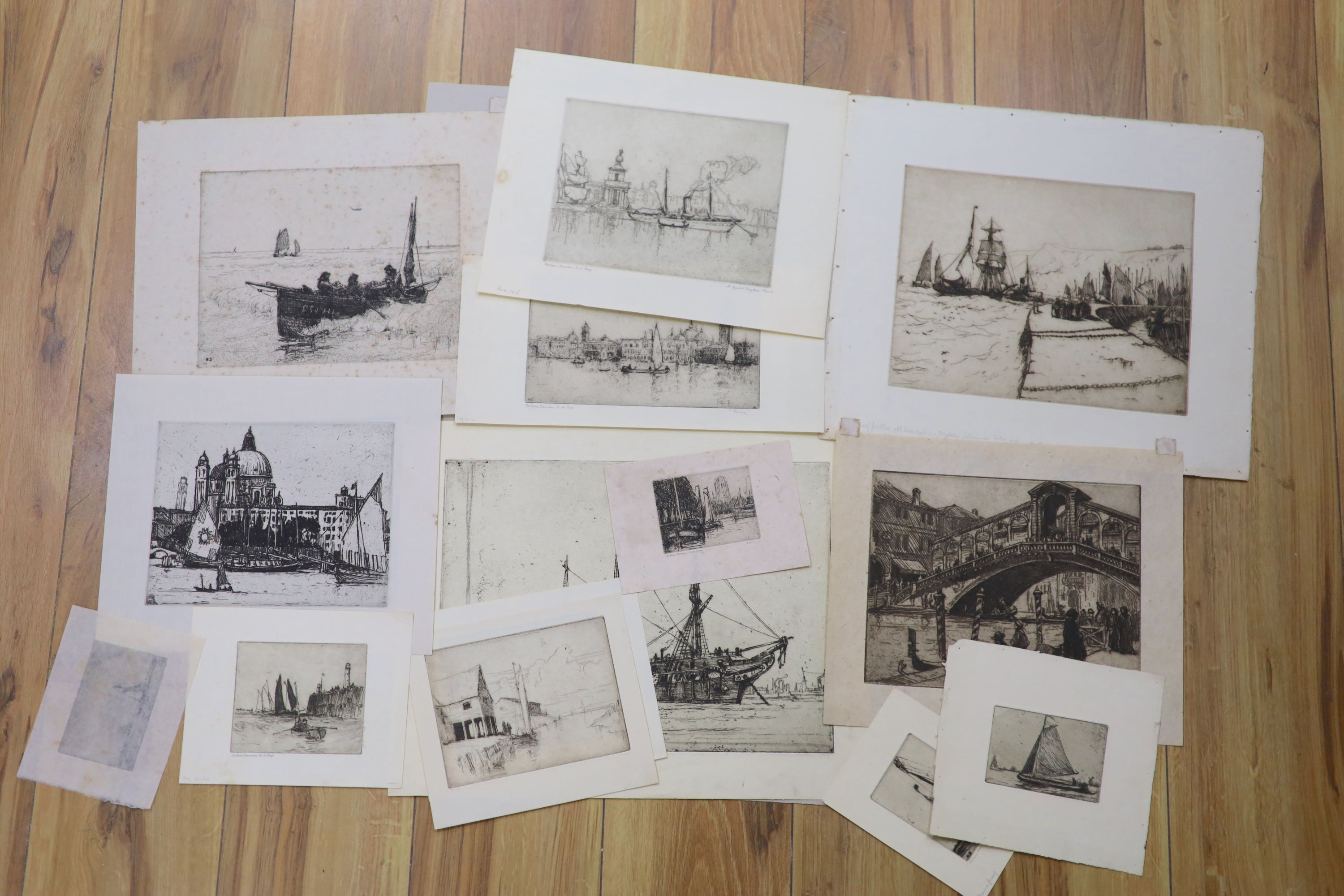 Nelson Dawson (1859-1941), 14 assorted etchings; HMS Indefatigable awaiting the ship breakers, 25 x 34cm.